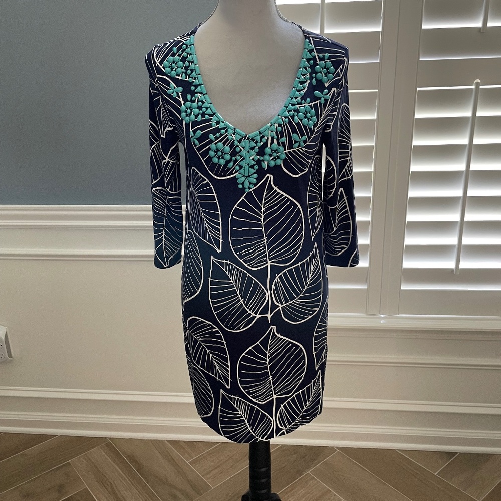 Boden Freya Beaded Leaf Print Tunic dress , Navy Size 6P